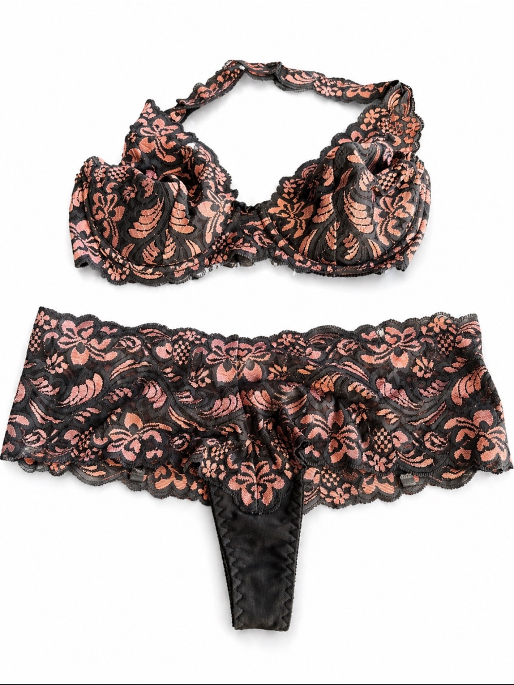 Frederick's of Hollywood Black and Blush Lace Underwire Bra & Lace Thong Set